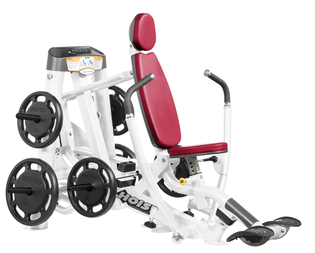 Hoist plate loaded decline chest press machine with angled press arms, adjustable seat, and weight plate storage for lower chest training