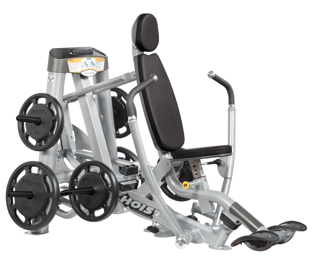 Hoist plate loaded decline chest press machine with angled press arms, adjustable seat, and weight plate storage for lower chest training