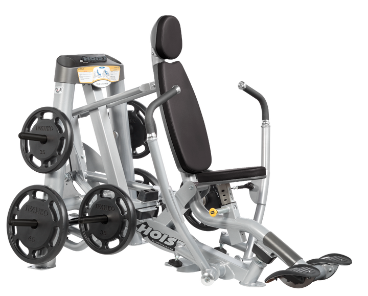 Hoist plate loaded decline chest press machine with angled press arms, adjustable seat, and weight plate storage for lower chest training
