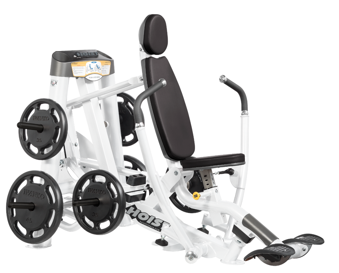 Hoist plate loaded decline chest press machine with angled press arms, adjustable seat, and weight plate storage for lower chest training