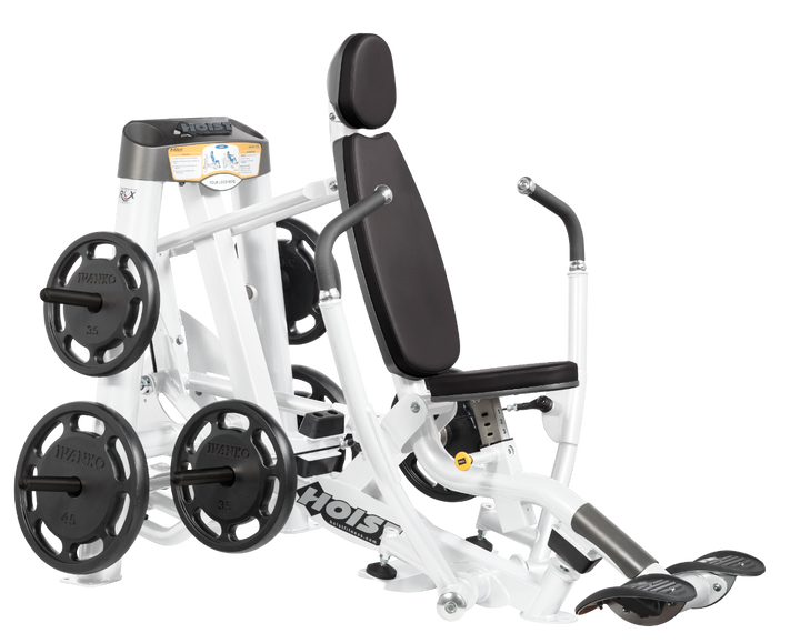 Hoist plate loaded decline chest press machine with angled press arms, adjustable seat, and weight plate storage for lower chest training