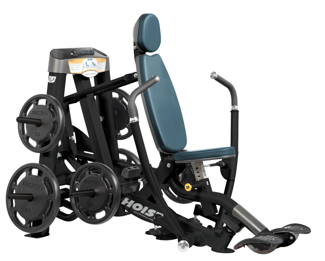 Hoist plate loaded decline chest press machine with angled press arms, adjustable seat, and weight plate storage for lower chest training