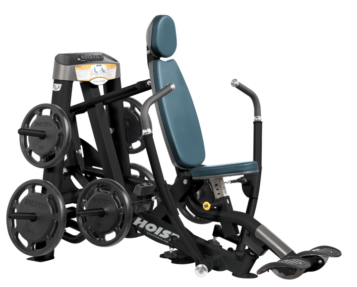 Hoist plate loaded decline chest press machine with angled press arms, adjustable seat, and weight plate storage for lower chest training