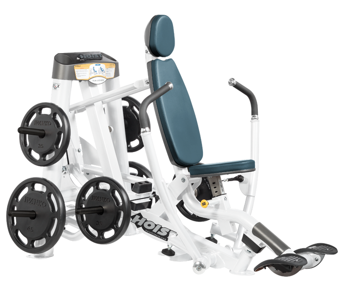 Hoist plate loaded decline chest press machine with angled press arms, adjustable seat, and weight plate storage for lower chest training