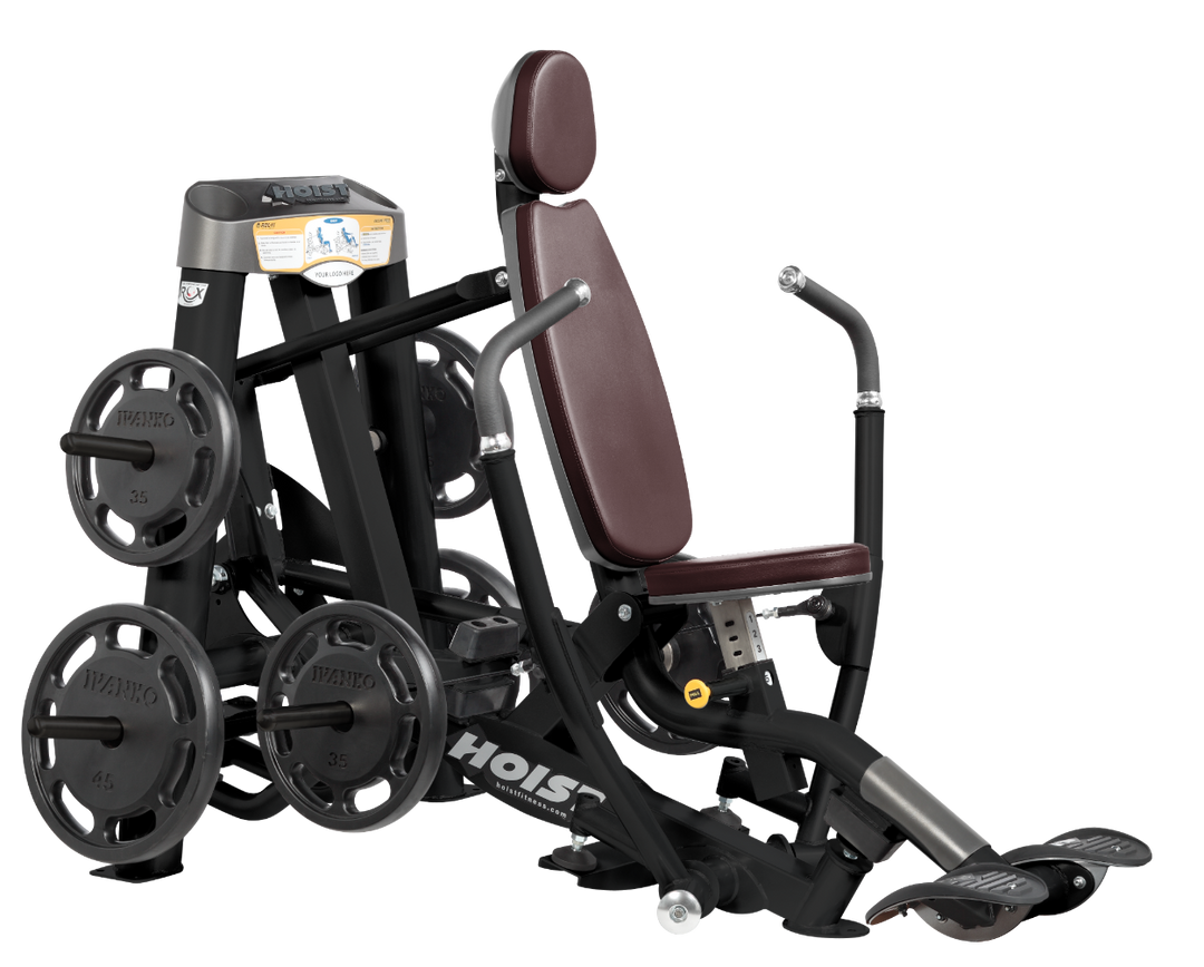 Hoist plate loaded decline chest press machine with angled press arms, adjustable seat, and weight plate storage for lower chest training