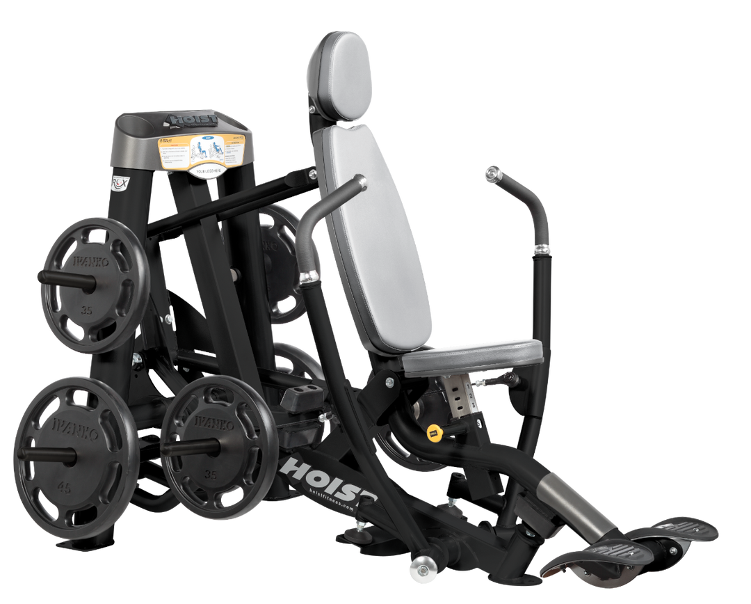 Hoist plate loaded decline chest press machine with angled press arms, adjustable seat, and weight plate storage for lower chest training