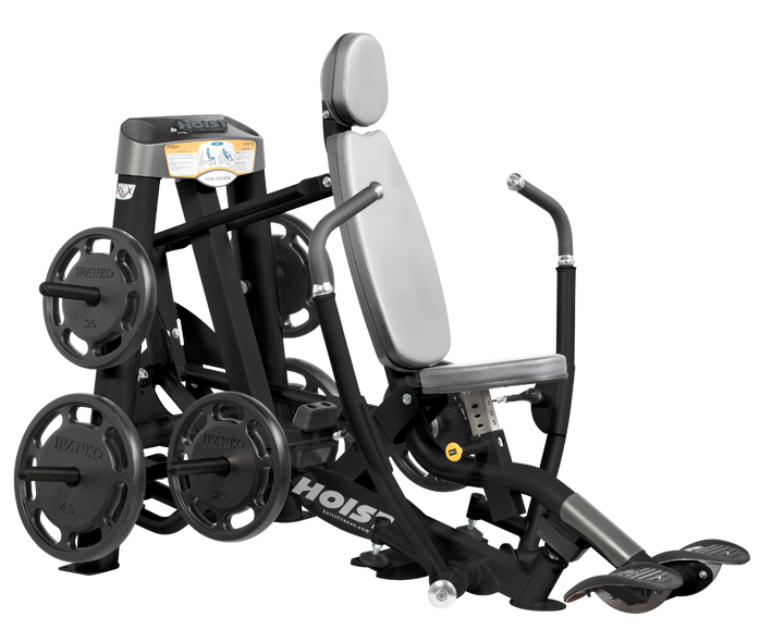Hoist plate loaded decline chest press machine with angled press arms, adjustable seat, and weight plate storage for lower chest training