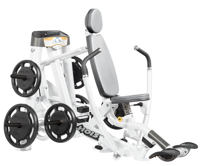 Hoist plate loaded decline chest press machine with angled press arms, adjustable seat, and weight plate storage for lower chest training