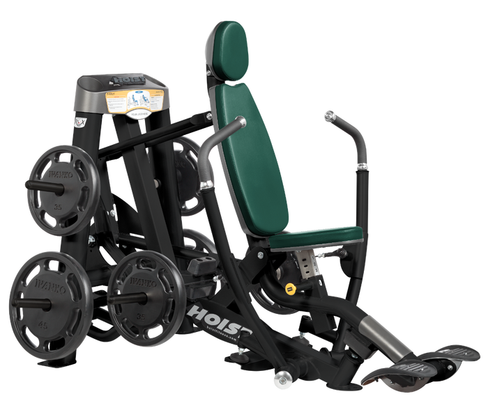 Hoist plate loaded decline chest press machine with angled press arms, adjustable seat, and weight plate storage for lower chest training