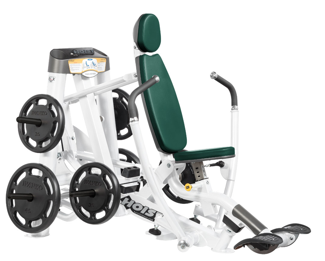 Hoist plate loaded decline chest press machine with angled press arms, adjustable seat, and weight plate storage for lower chest training