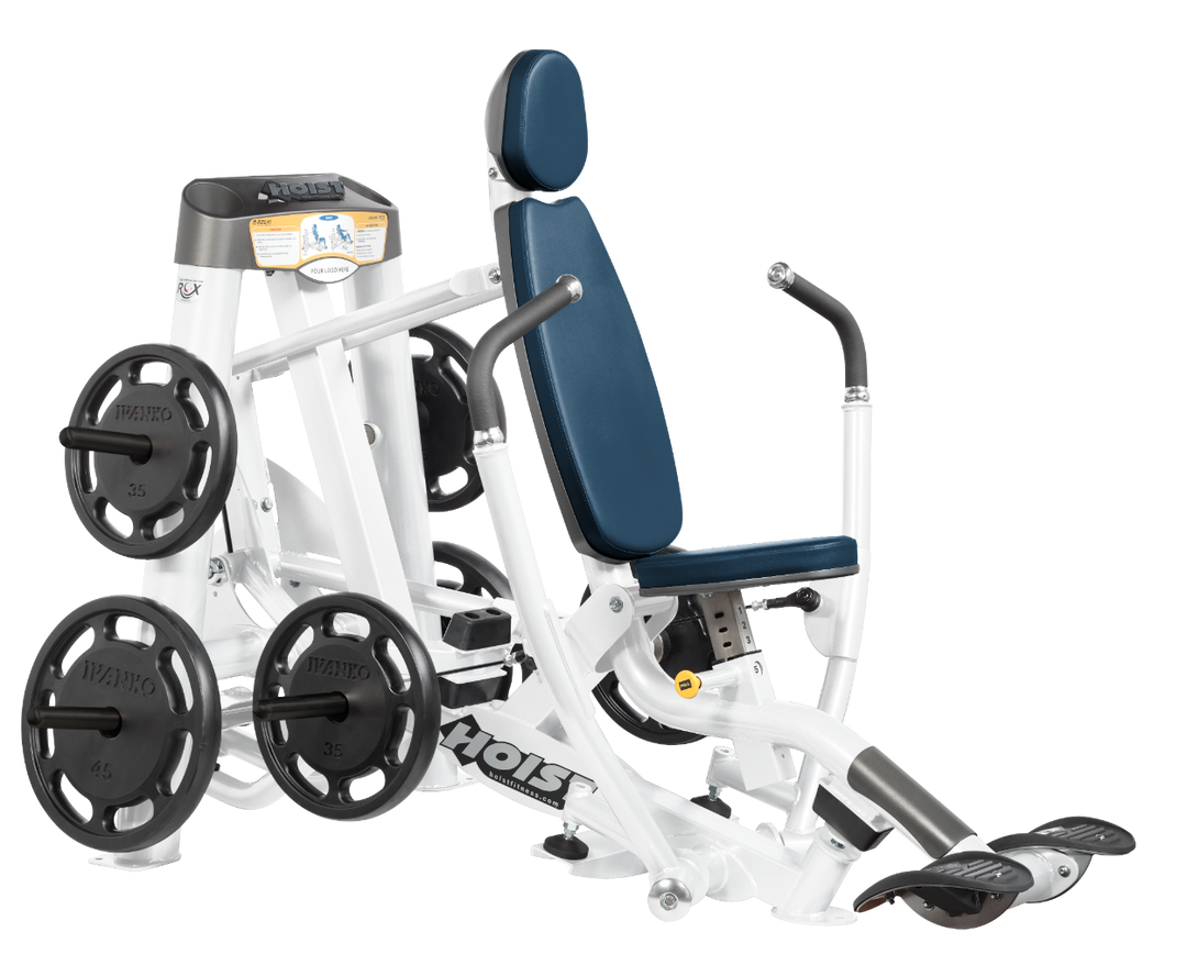 Hoist plate loaded decline chest press machine with angled press arms, adjustable seat, and weight plate storage for lower chest training