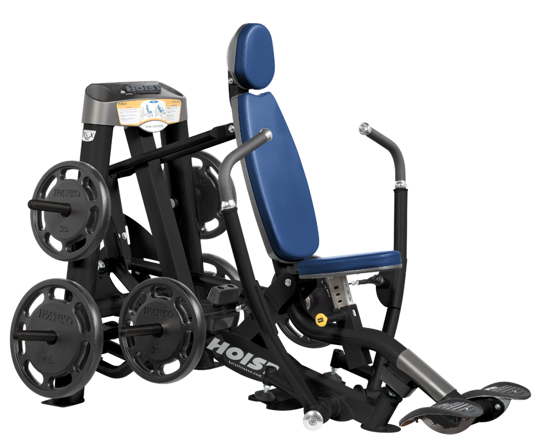 Hoist plate loaded decline chest press machine with angled press arms, adjustable seat, and weight plate storage for lower chest training