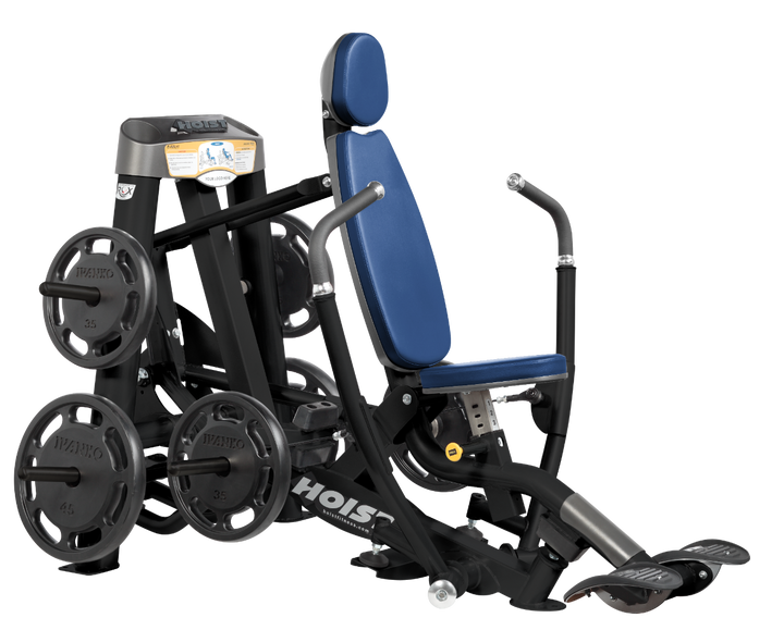 Hoist plate loaded decline chest press machine with angled press arms, adjustable seat, and weight plate storage for lower chest training