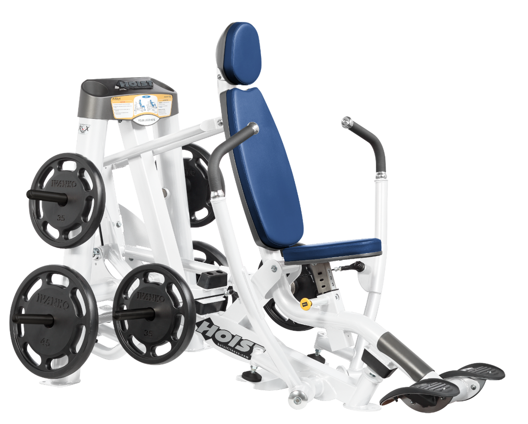 Hoist plate loaded decline chest press machine with angled press arms, adjustable seat, and weight plate storage for lower chest training