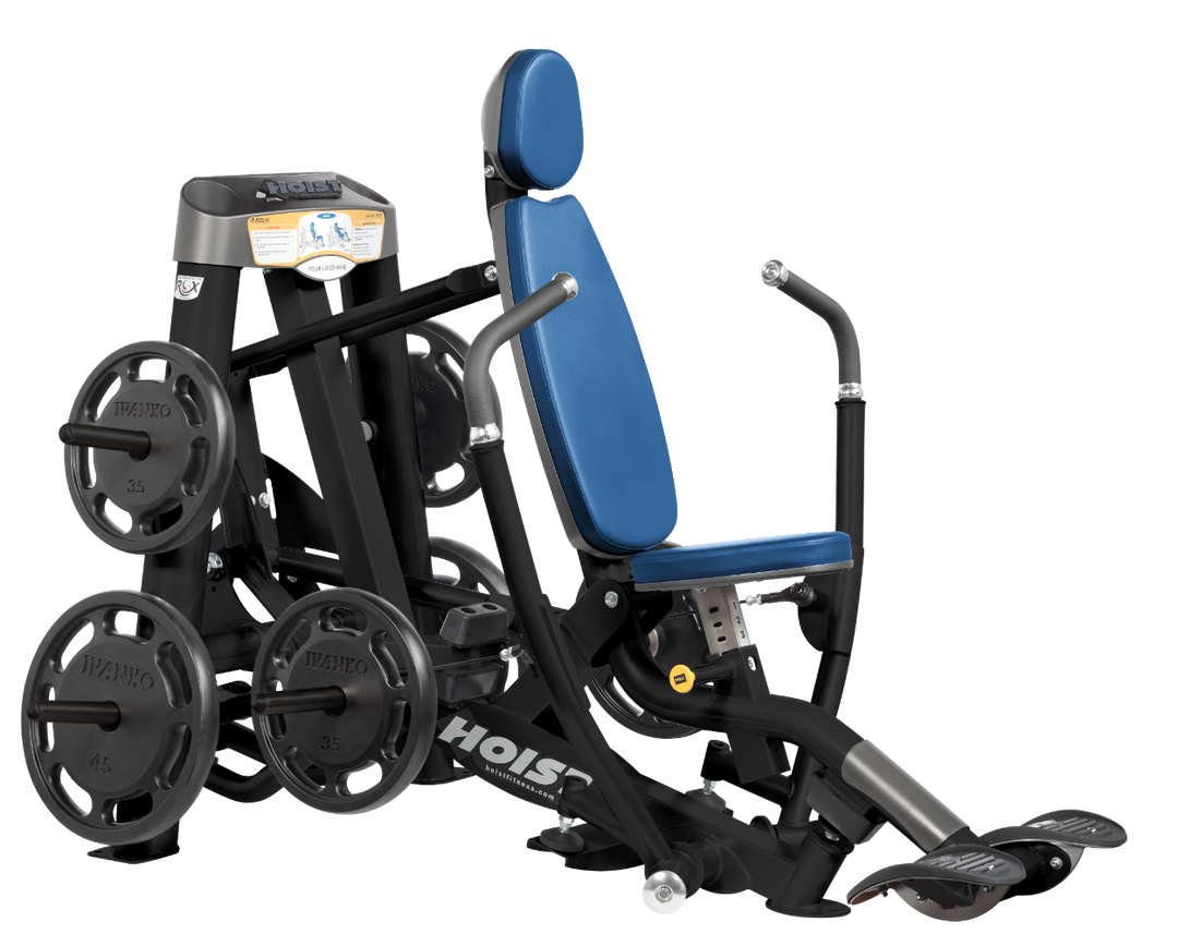 Hoist plate loaded decline chest press machine with angled press arms, adjustable seat, and weight plate storage for lower chest training