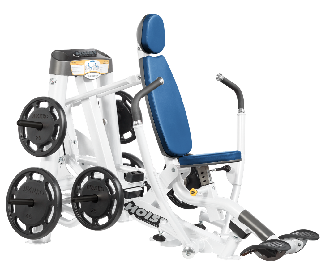 Hoist plate loaded decline chest press machine with angled press arms, adjustable seat, and weight plate storage for lower chest training