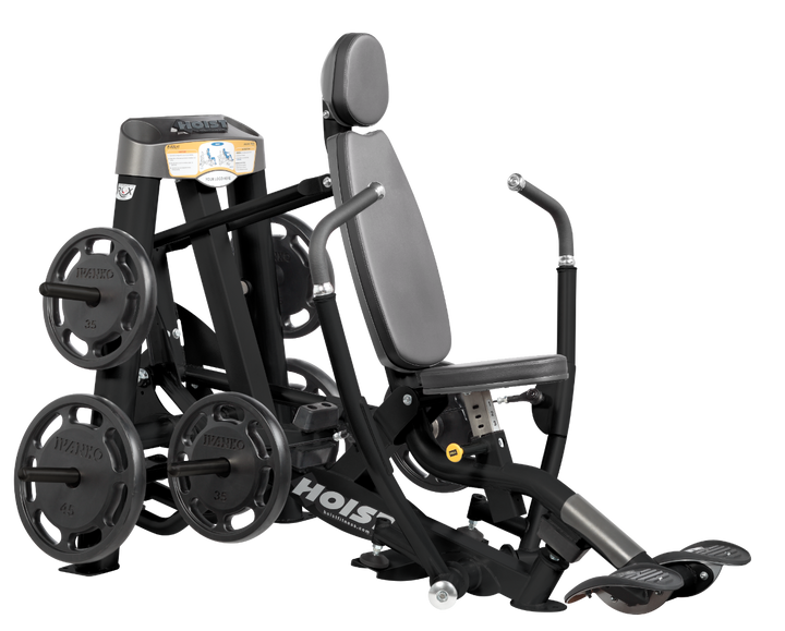 Hoist plate loaded decline chest press machine with angled press arms, adjustable seat, and weight plate storage for lower chest training