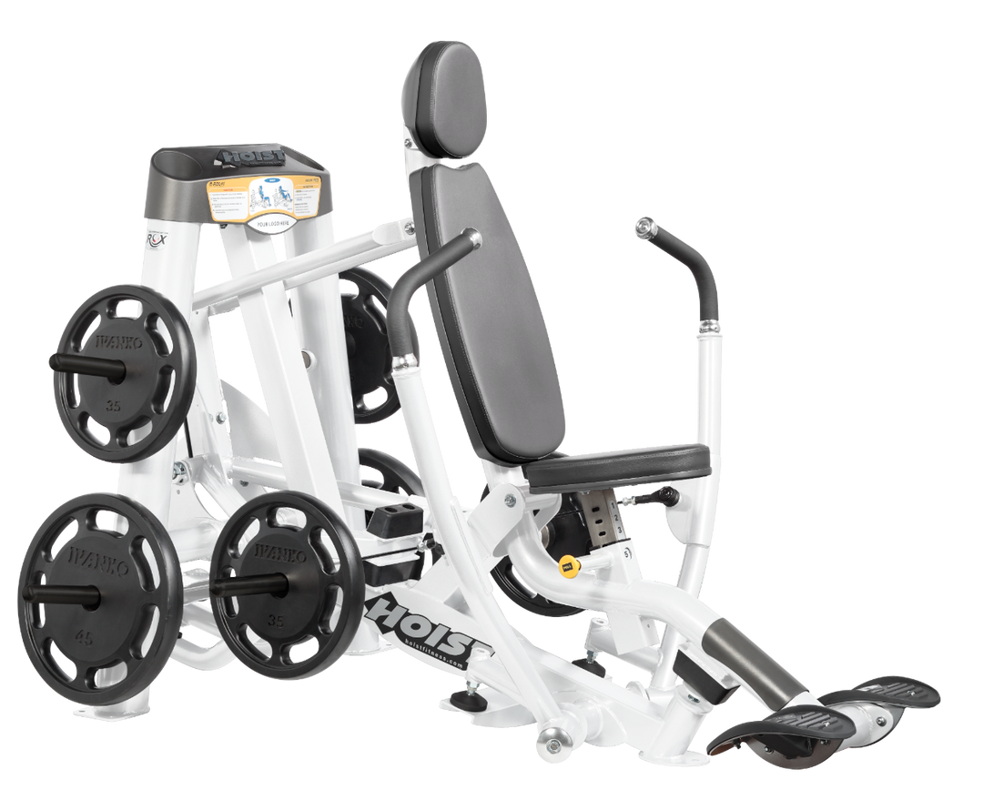 Hoist plate loaded decline chest press machine with angled press arms, adjustable seat, and weight plate storage for lower chest training
