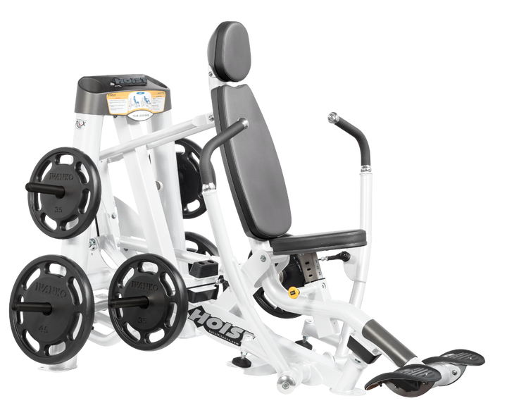 Hoist plate loaded decline chest press machine with angled press arms, adjustable seat, and weight plate storage for lower chest training