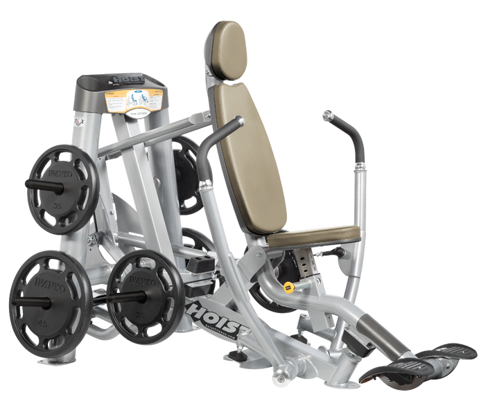 Hoist plate loaded decline chest press machine with angled press arms, adjustable seat, and weight plate storage for lower chest training