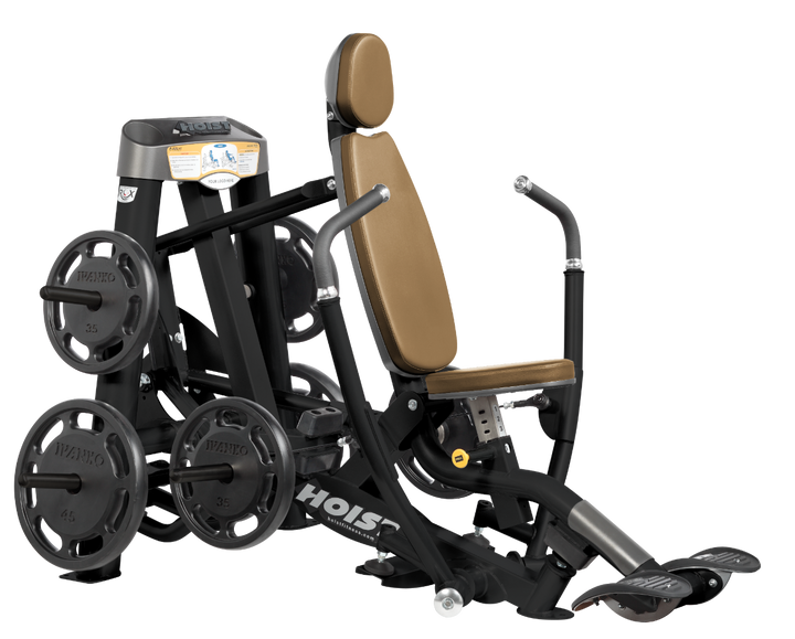Hoist plate loaded decline chest press machine with angled press arms, adjustable seat, and weight plate storage for lower chest training
