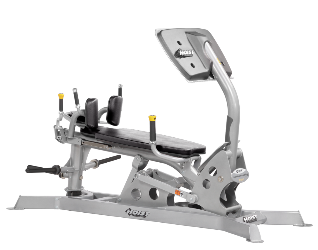 Hoist dual action leg press machine with adjustable seat, large footplate, and smooth resistance system for leg training