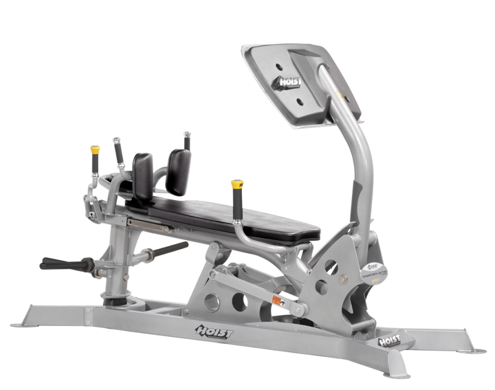 Hoist dual action leg press machine with adjustable seat, large footplate, and smooth resistance system for leg training
