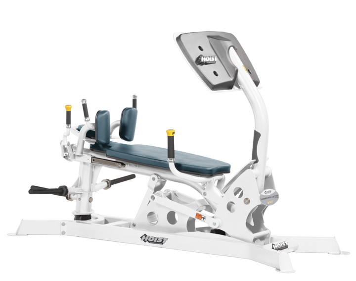 Hoist dual action leg press machine with adjustable seat, large footplate, and smooth resistance system for leg training