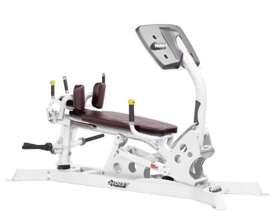 Hoist dual action leg press machine with adjustable seat, large footplate, and smooth resistance system for leg training