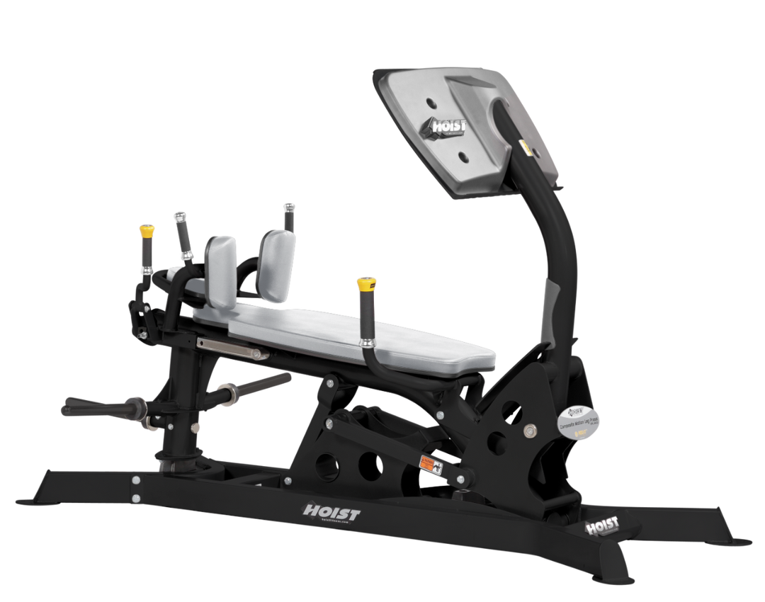 Hoist dual action leg press machine with adjustable seat, large footplate, and smooth resistance system for leg training