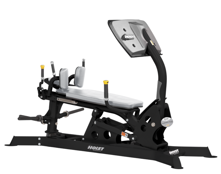 Hoist dual action leg press machine with adjustable seat, large footplate, and smooth resistance system for leg training