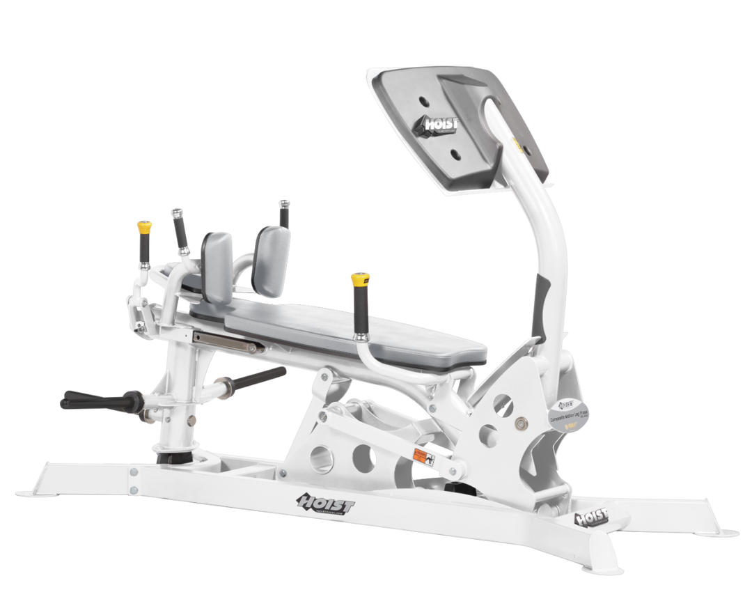 Hoist dual action leg press machine with adjustable seat, large footplate, and smooth resistance system for leg training