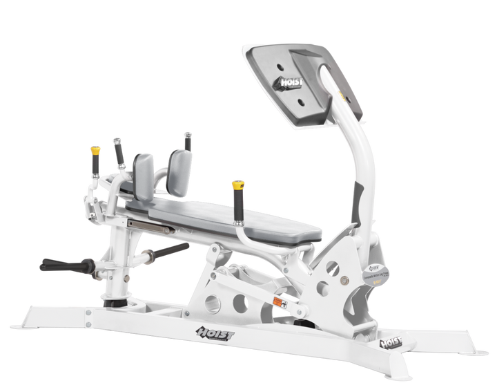 Hoist dual action leg press machine with adjustable seat, large footplate, and smooth resistance system for leg training