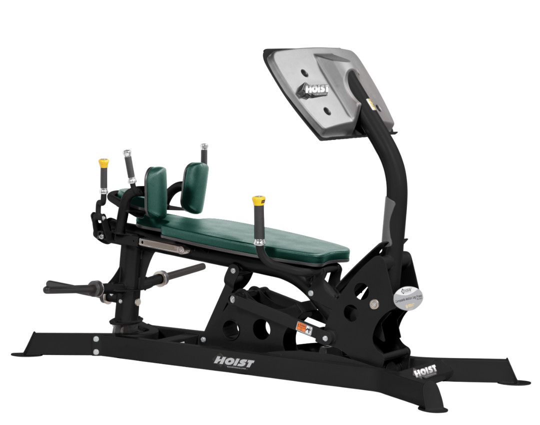 Hoist dual action leg press machine with adjustable seat, large footplate, and smooth resistance system for leg training