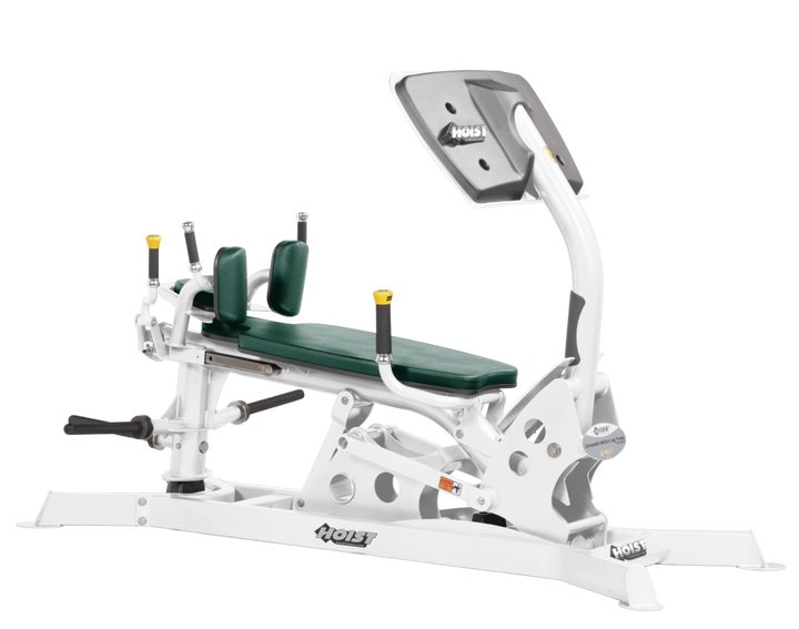 Hoist dual action leg press machine with adjustable seat, large footplate, and smooth resistance system for leg training