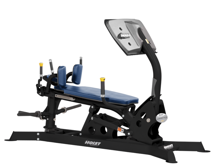 Hoist dual action leg press machine with adjustable seat, large footplate, and smooth resistance system for leg training