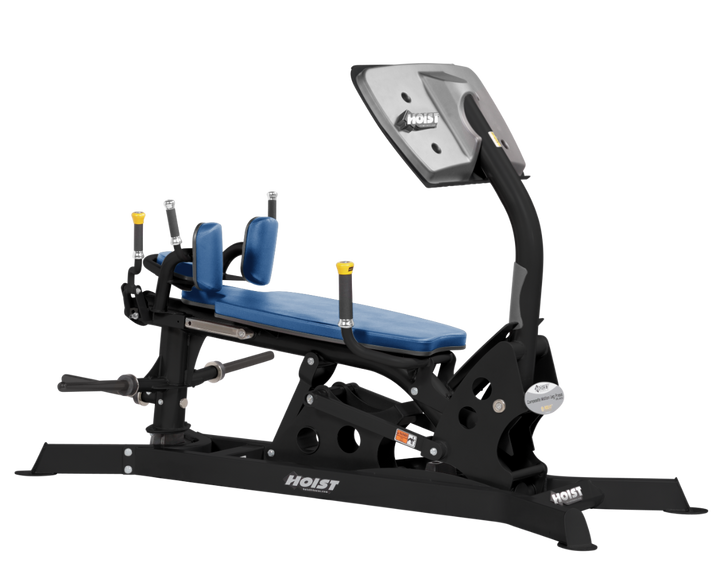 Hoist dual action leg press machine with adjustable seat, large footplate, and smooth resistance system for leg training