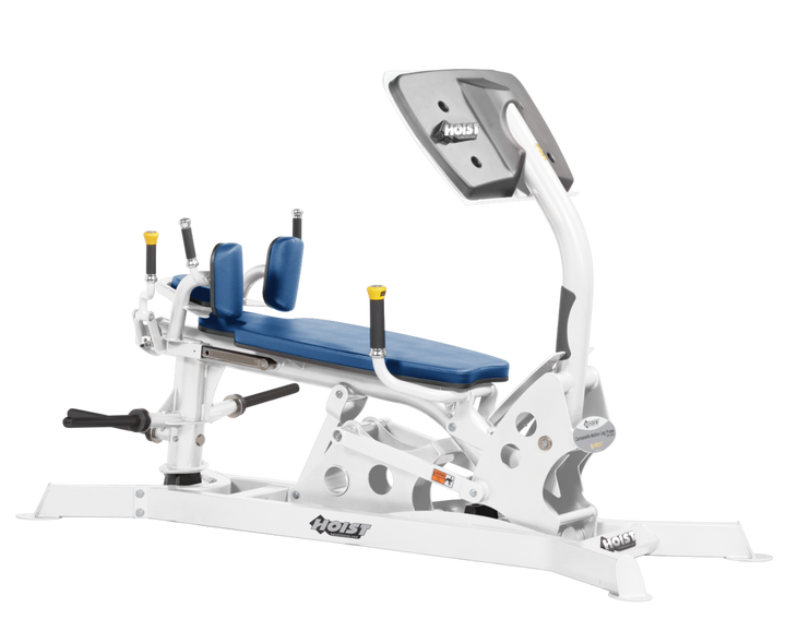 Hoist dual action leg press machine with adjustable seat, large footplate, and smooth resistance system for leg training