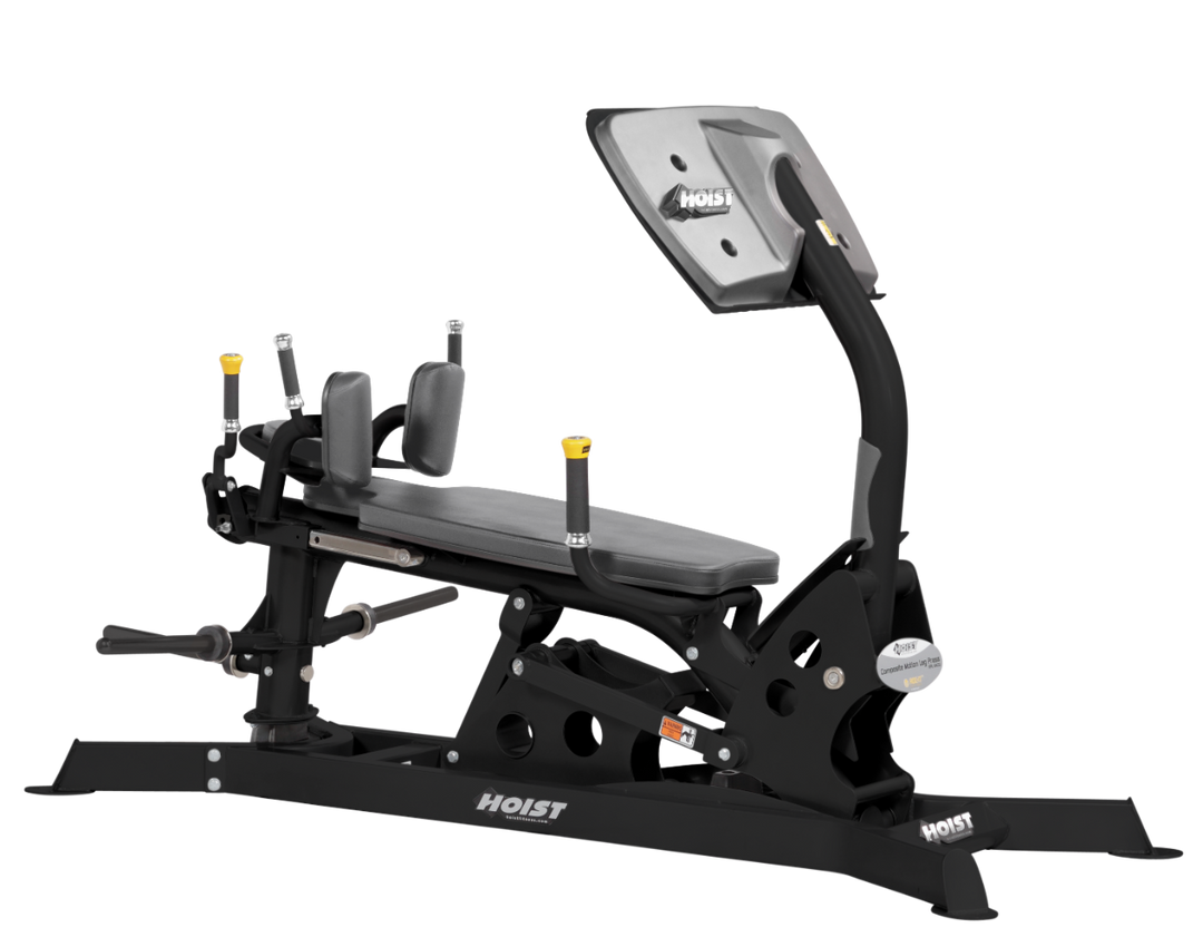 Hoist dual action leg press machine with adjustable seat, large footplate, and smooth resistance system for leg training