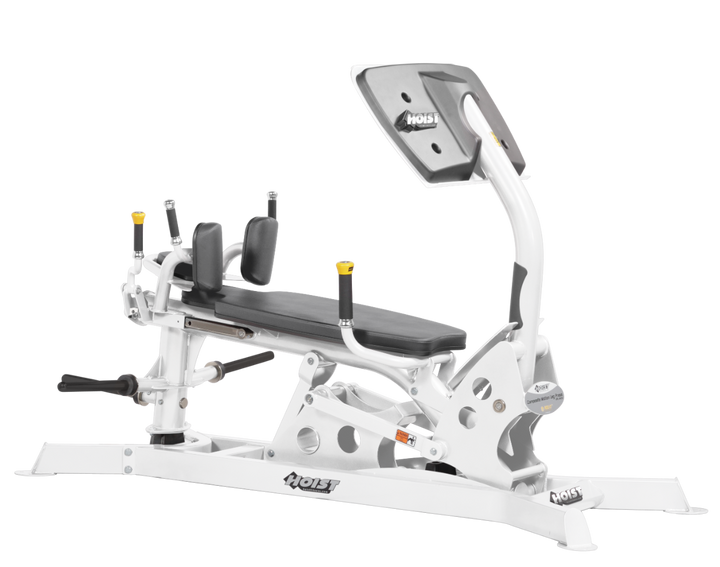 Hoist dual action leg press machine with adjustable seat, large footplate, and smooth resistance system for leg training