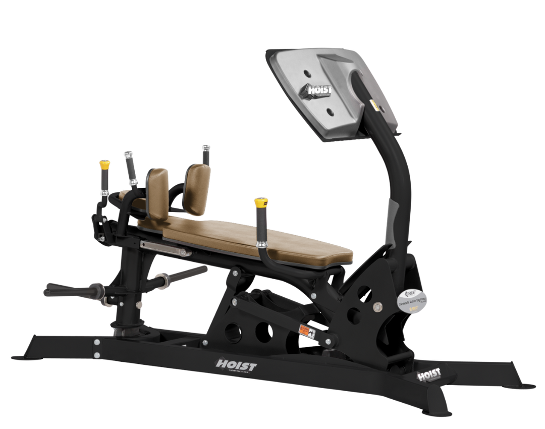 Hoist dual action leg press machine with adjustable seat, large footplate, and smooth resistance system for leg training