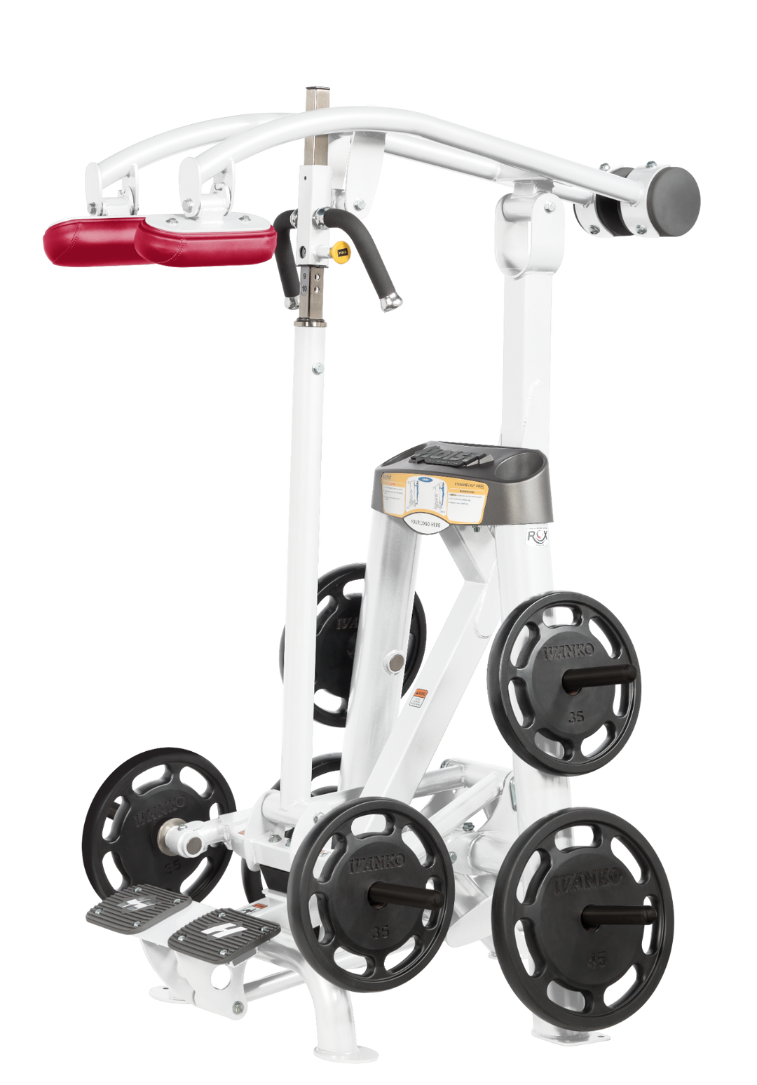 Hoist plate loaded standing calf raise machine with shoulder pads, foot platform, and weight plate storage for calf training