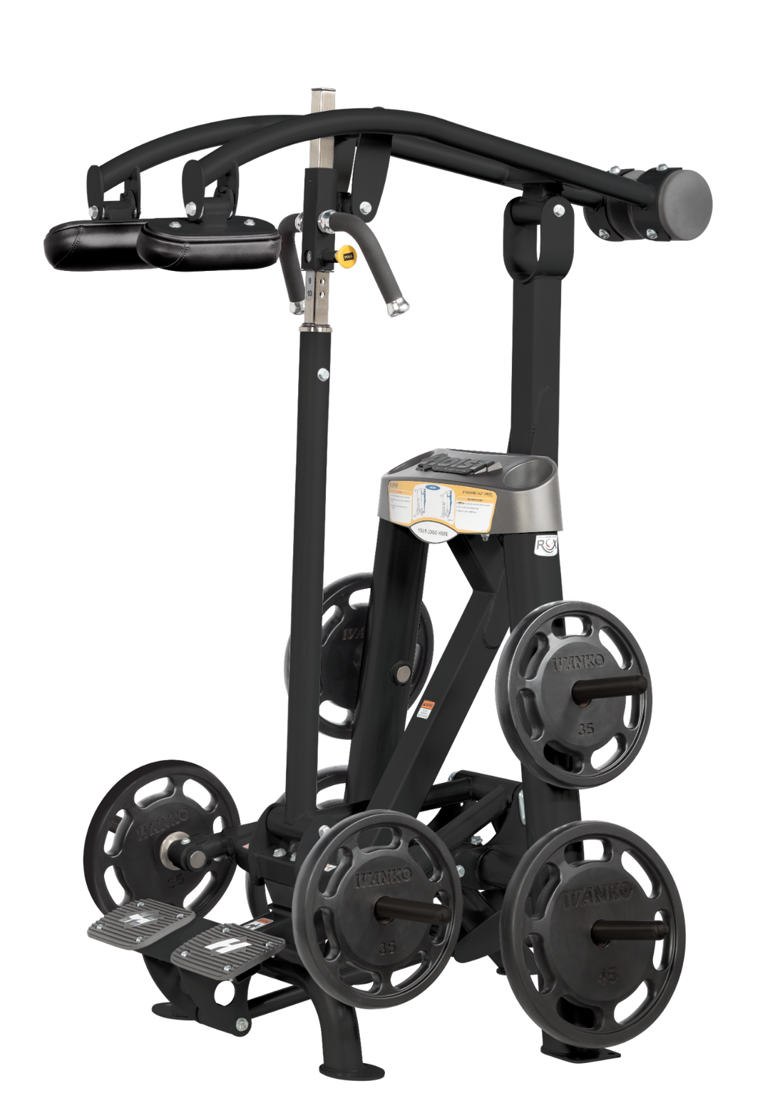 Hoist plate loaded standing calf raise machine with shoulder pads, foot platform, and weight plate storage for calf training