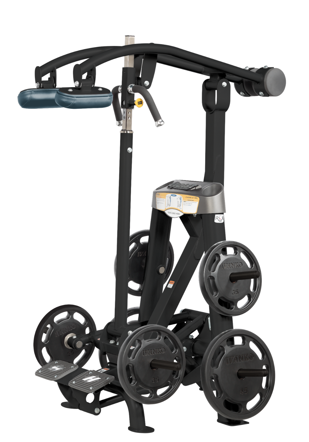 Hoist plate loaded standing calf raise machine with shoulder pads, foot platform, and weight plate storage for calf training