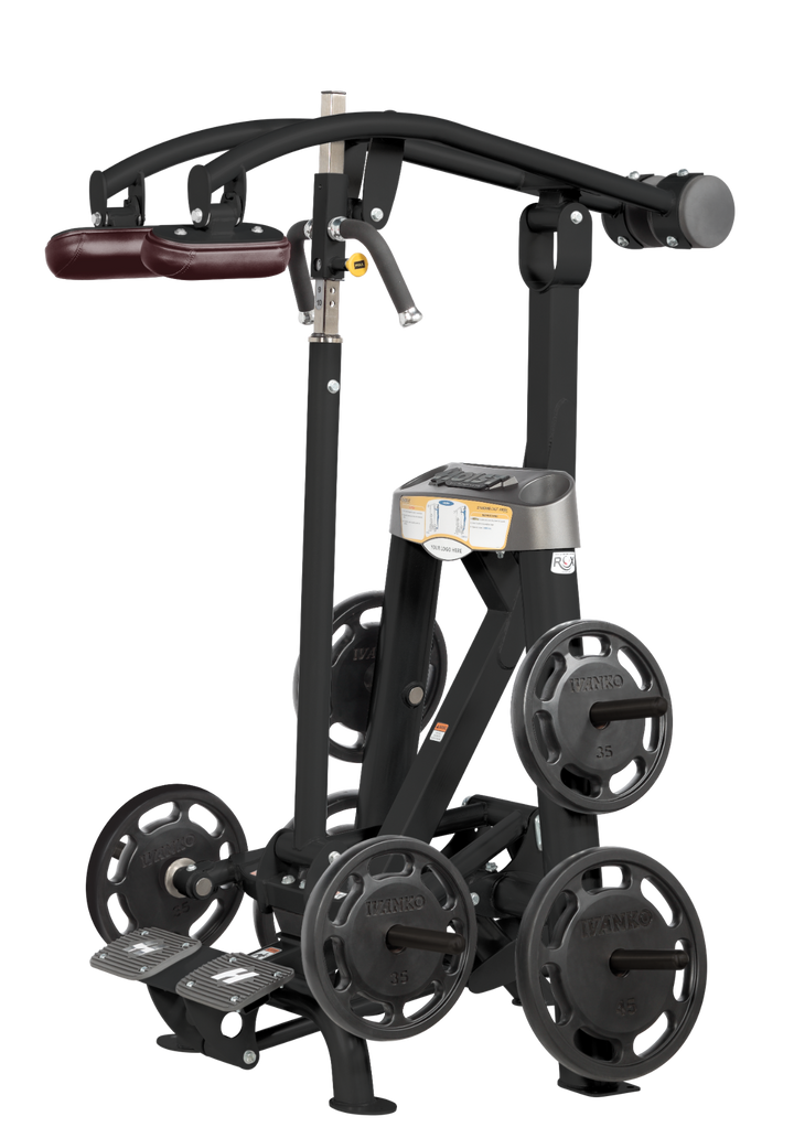 Hoist plate loaded standing calf raise machine with shoulder pads, foot platform, and weight plate storage for calf training