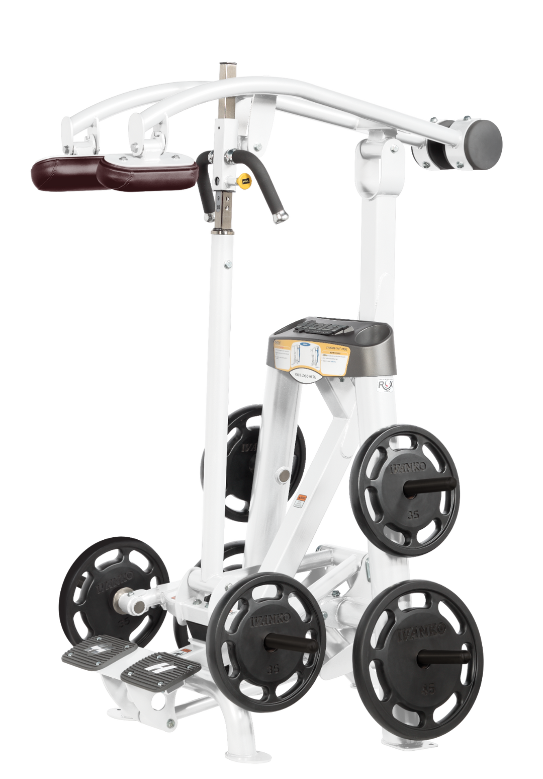 Hoist plate loaded standing calf raise machine with shoulder pads, foot platform, and weight plate storage for calf training