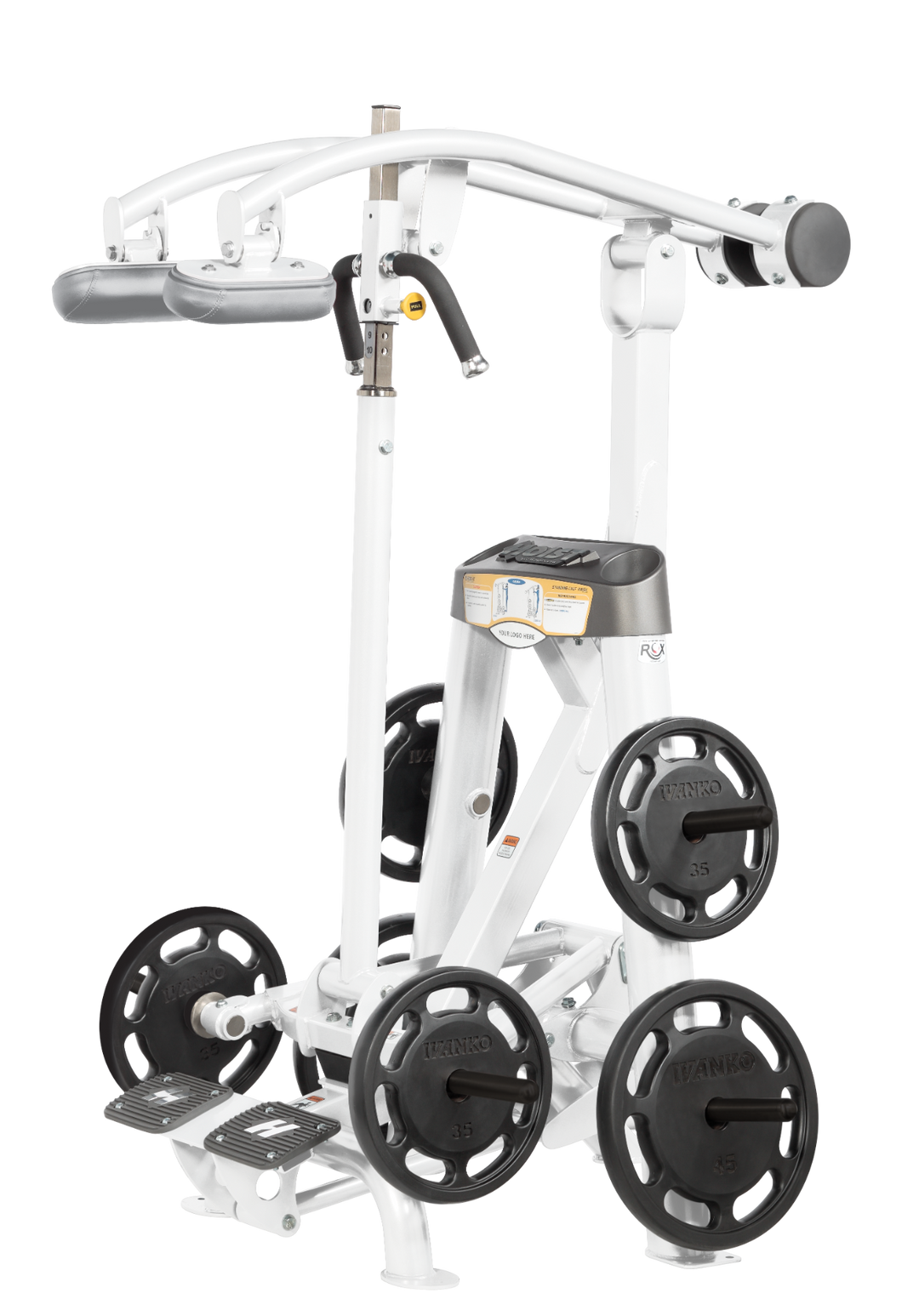 Hoist plate loaded standing calf raise machine with shoulder pads, foot platform, and weight plate storage for calf training