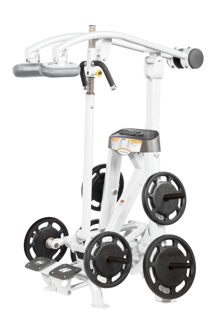 Hoist plate loaded standing calf raise machine with shoulder pads, foot platform, and weight plate storage for calf training