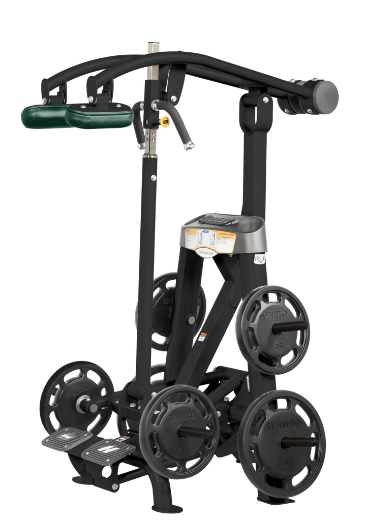 Hoist plate loaded standing calf raise machine with shoulder pads, foot platform, and weight plate storage for calf training