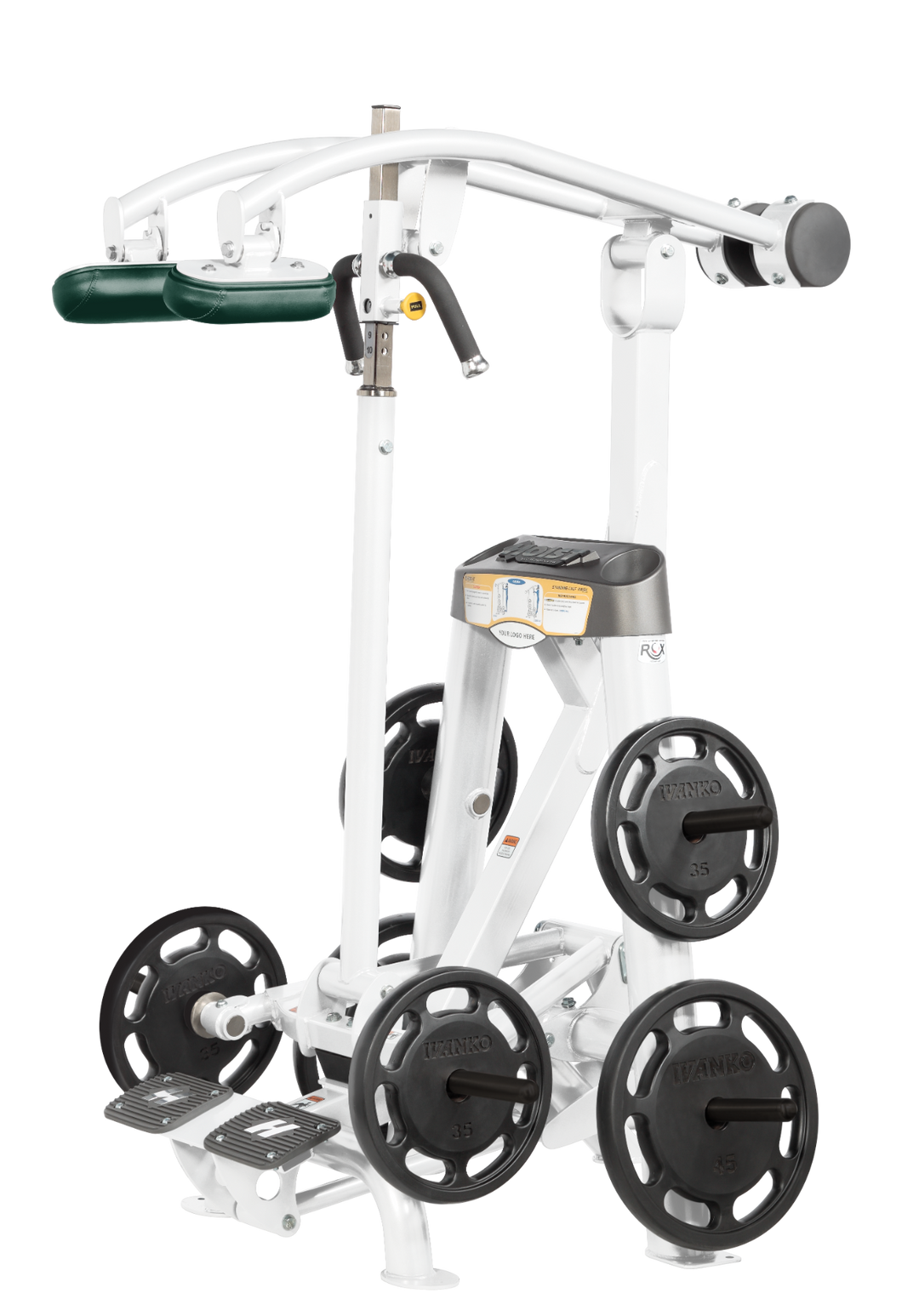 Hoist plate loaded standing calf raise machine with shoulder pads, foot platform, and weight plate storage for calf training